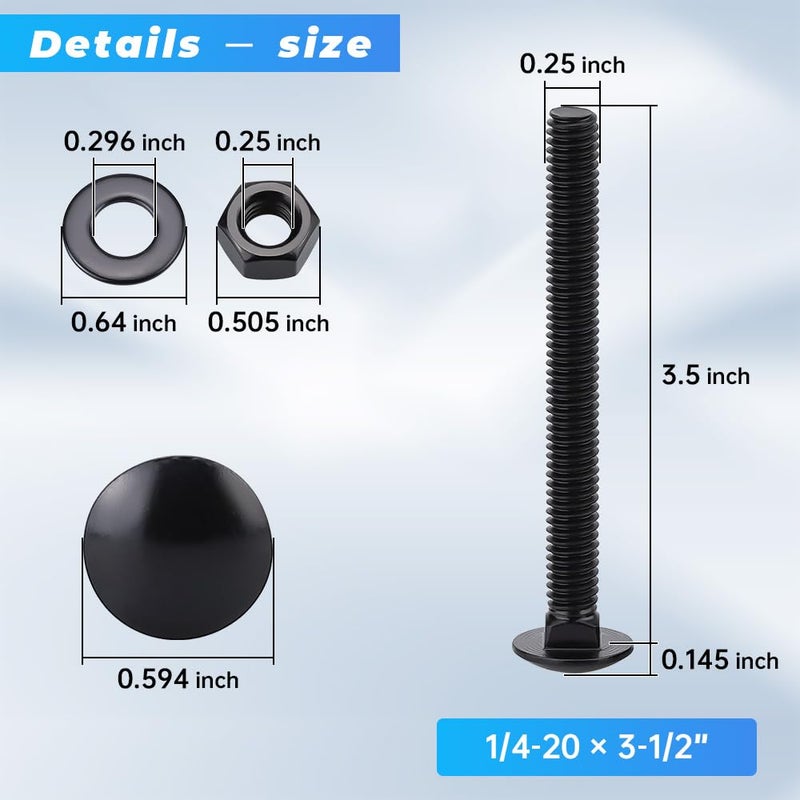 Glvaner 16 Sets 1/4-20 x 3-1/2" Black Carriage Bolts Screws and Hex Nuts & Flat Washers, 304 Stainless Steel 18-8, Round Head Square Neck, Full Thread Coverage - Image 2